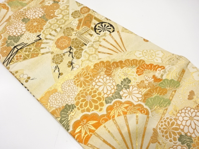 アンティーク　扇に御所車・菊・梅・笠松模様織り出し丸帯（材料）